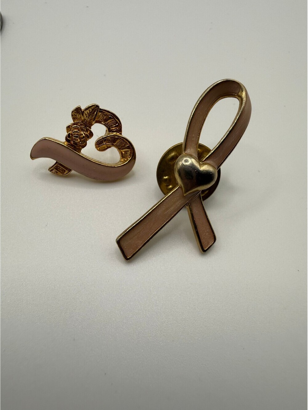 Avon Pink Ribbon and Heart Shaped Gold Tone Pins Set
